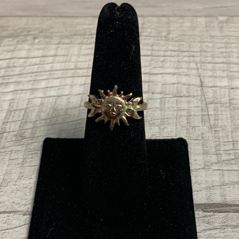 Celestial Sun Face and Crescent Moon Gold Tone Ring Bohemian Jewelry Size 7.5